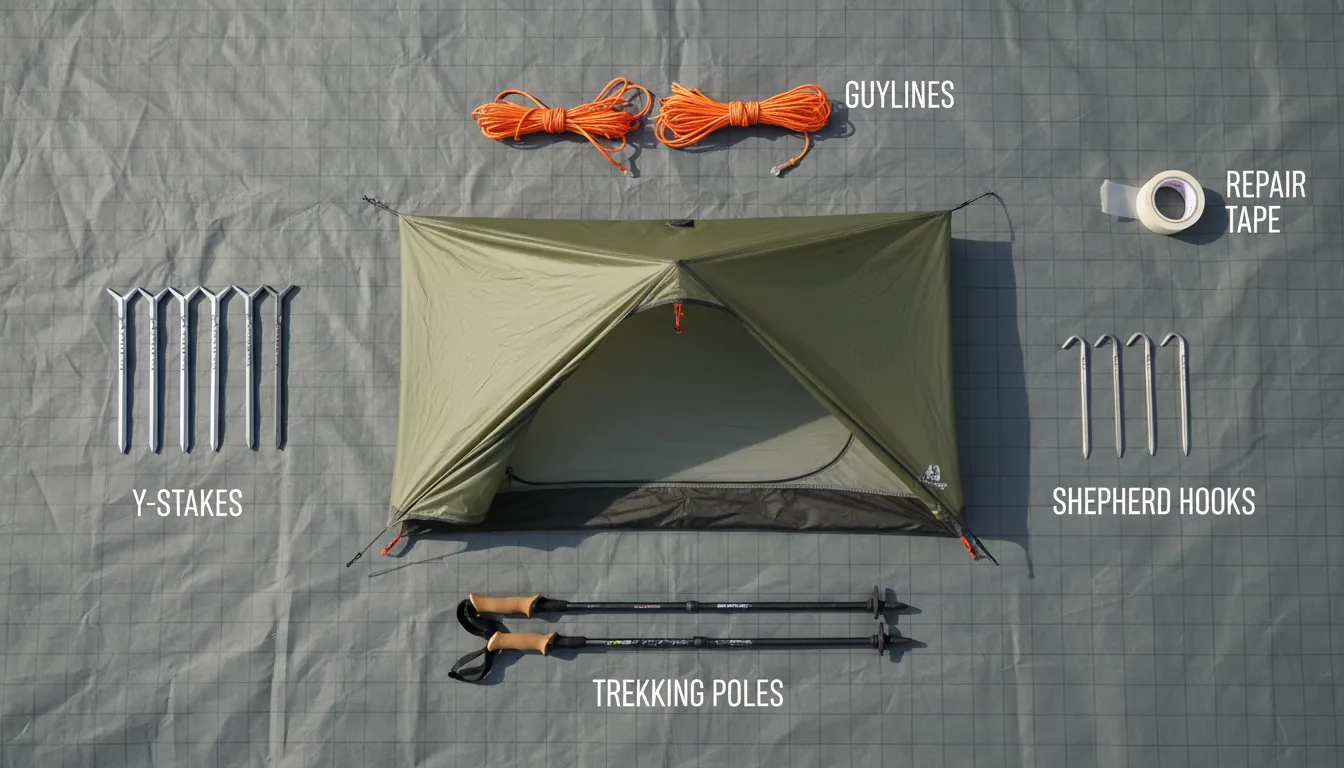 A flat lay of ultralight shelter components on a groundsheet—tent body, stakes (shepherd hooks and Y-stakes), guylines, trekking poles, repair tape—labeled in a clean, editorial style