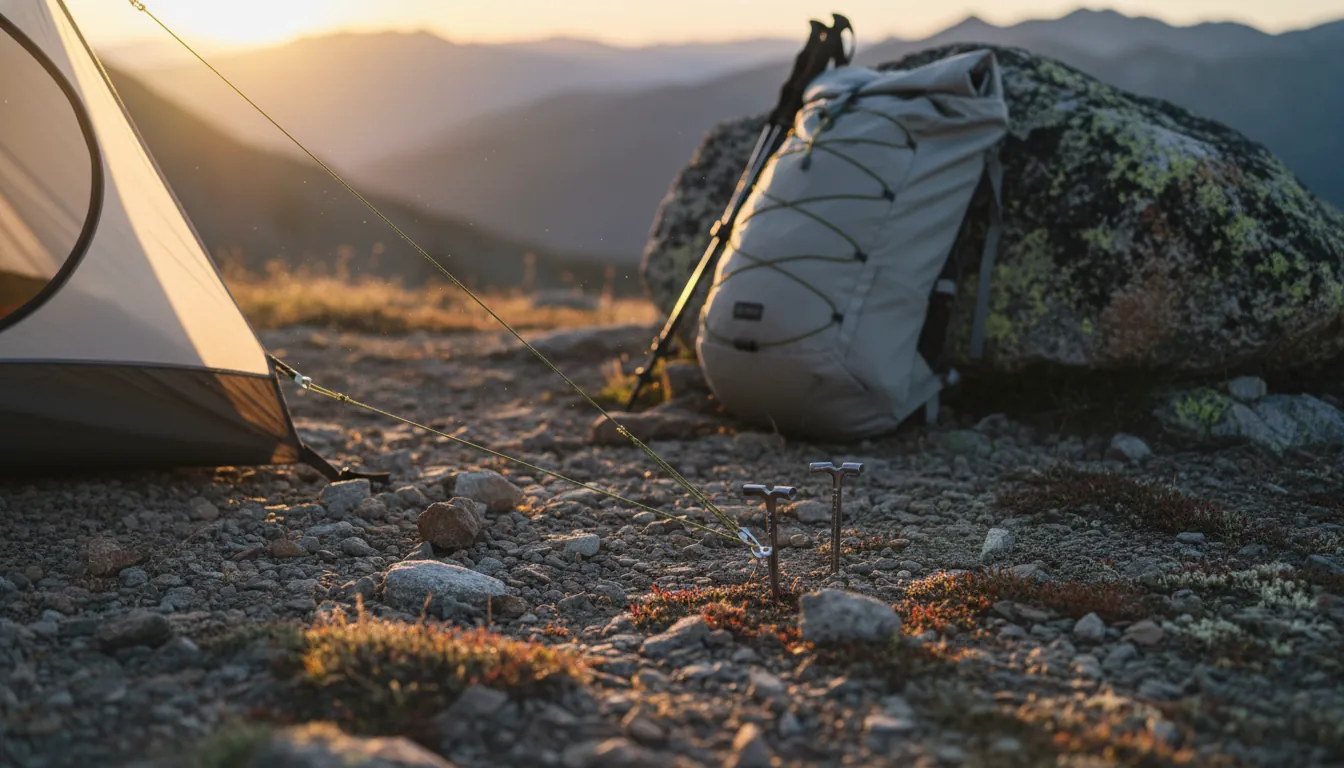 A solo backpacker setting up a trekking-pole ultralight tent on an alpine saddle at sunset; close-up of guyline tensioners, stakes in rocky soil, and a minimalist pack leaned against a boulder; documentary-style, crisp natural light